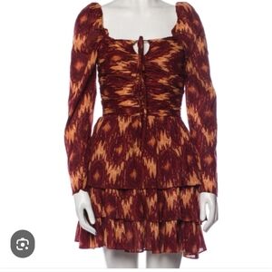 House of Harlow Rust Orange Ikat Print Tiered  Mini Dress  XS Cottagecore